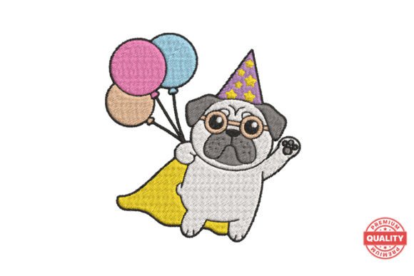 Flying Pug Wizard with Balloons