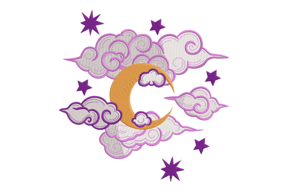 Purple Stars Moon Clouds Embroidery Design